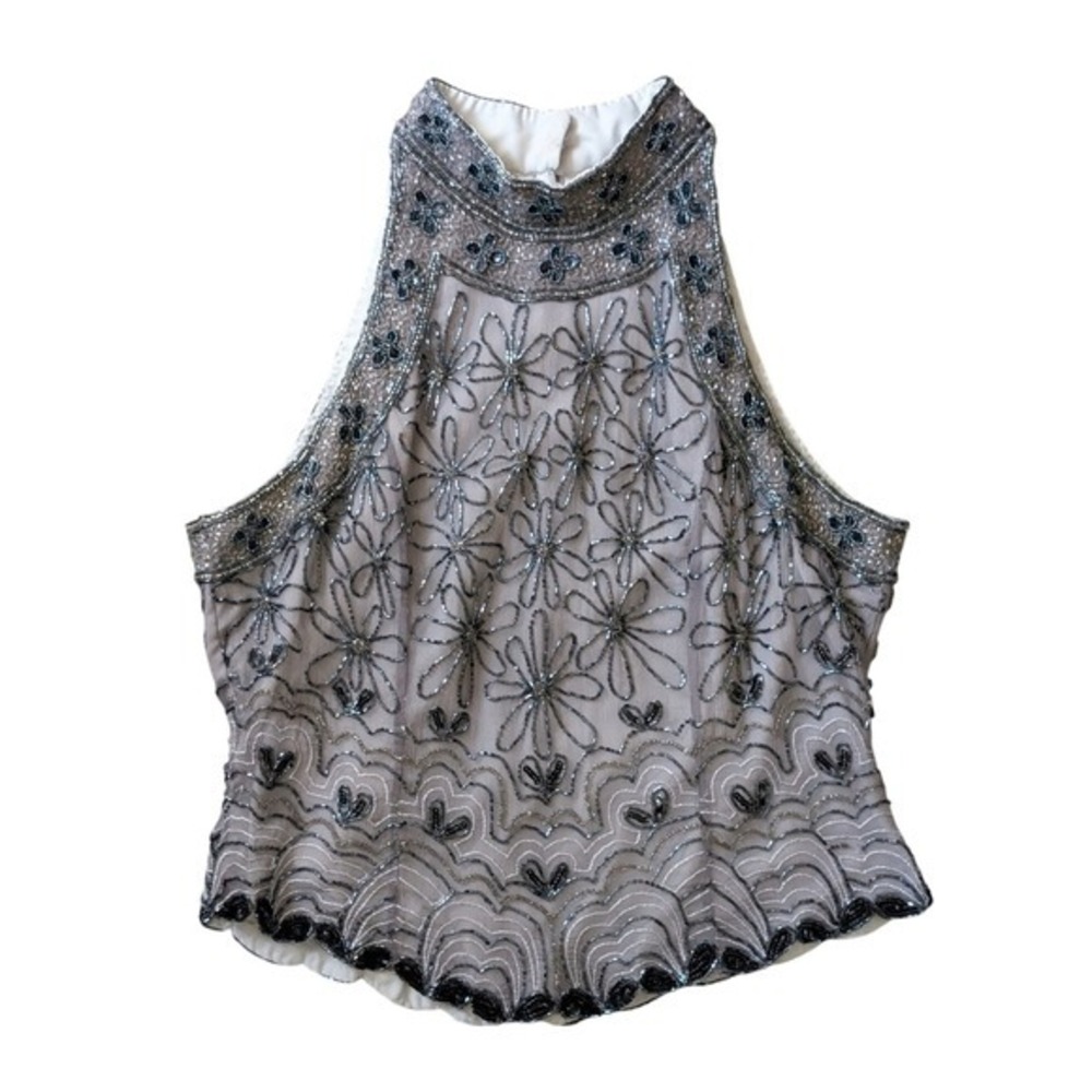 Papell Boutique Vintage 90s Heart & Floral Embellished Beaded Silk Halter Top